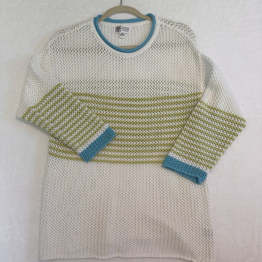 Cotton Country Parkhurst Women L White Green Open Knit Cotton Sweater Canada